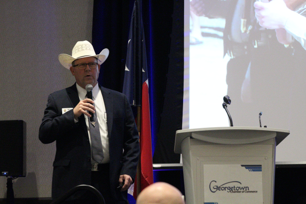 Williamson County Sheriff Matthew Lindemann lists how many deputies patrol Williamson County, durning the Georgetown Chamber of Commerce’s Cornerstone Series at the Sheraton Hotel on Thursday, May 1. Photo by Nalani Nuylan.