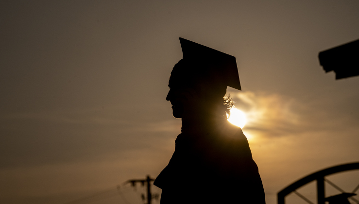 Kaden Harrington waits for the start of the processional  during commencement for East View High School at the Georgetown ISD Athletic Complex on Friday, May 23, 2025.  489 East View seniors received their diplomas.    Photo by Andy Sharp.  