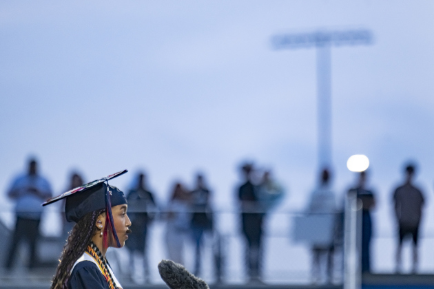 Valedictorian Kayla Rose Frazier speaks during commencement for East View High School at the Georgetown ISD Athletic Complex on Friday, May 23, 2025.  489 East View seniors received their diplomas.    Photo by Andy Sharp.