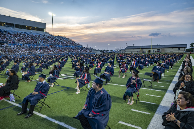 The field was covered in chairs during commencement for East View High School at the Georgetown ISD Athletic Complex on Friday, May 23, 2025.  489 East View seniors received their diplomas.    Photo by Andy Sharp.