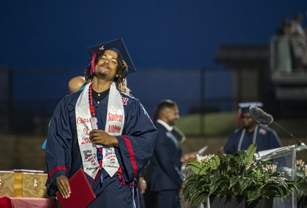 Coreyon Bright relishes the moments after receiving his diploma  during commencement for East View High School at the Georgetown ISD Athletic Complex on Friday, May 23, 2025.  489 East View seniors received their diplomas.    Photo by Andy Sharp.