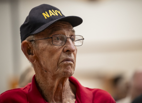 World War II veteran (Navy) Bill Harper, 100, attended the Memorial Day ceremony in Sun City on Monday, May 26, 2025.  Approximately 600 were in attendance.  Rain chances moved the event indoors.   Photo by Andy Sharp.