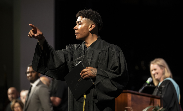 Kameron Michael Hall-Williams acknowledges the audience after receiving his diploma  during the Richarte High School commencement ceremony held at the Klett Performing Arts Center  on Thursday, May 22, 2025.