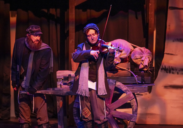 Brian Joyce, left,  as Tevye,  and Hayden Smith, as Fiddler on the Roof, are shown in a photo from the dress rehearsal for the Palace production of “Fiddler on the Roof”  on Thursday, May 29, 2025.  The play will run through July 6th on the Springer main stage.    Photo by Andy Sharp.