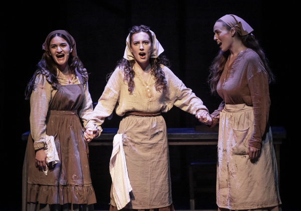 Sara Teeter, left, as Chava, Lauren MacLeod, center, playing Tzeitel, and Avery LaRue, right, as Hodel, are shown in a photo from the dress rehearsal for the Palace production of “Fiddler on the Roof”  on Thursday, May 29, 2025.  The play will run through July 6th on the Springer main stage.    Photo by Andy Sharp.