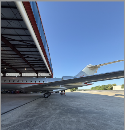 Southwest Aerospace Technologies serviced a Global 500 business jet April 7. The plane was so large that it was unable to fit in the hanger. SWAT may expand the hangar for future projects. Photo by Abbey Archer