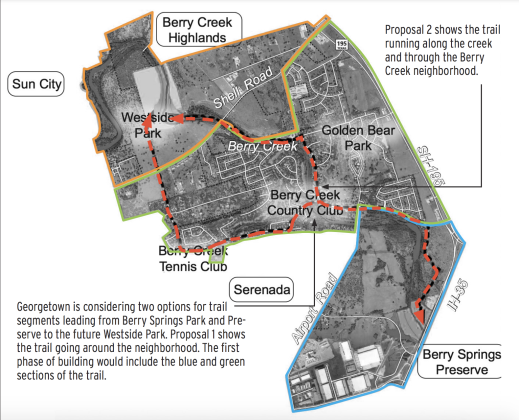 Georgetown is considering two options for trail segments leading from Berry Springs Park and Preserve to the future Westside Park. Proposal 1 shows the trail going around the neighborhood. The first phase of building would include the blue and green sections of the trail. Proposal 2 shows the trail running along the creek and through the Berry Creek neighborhood.