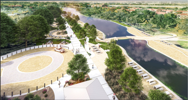 An overhead view of Blue Hole Park’s south shore shows a proposed roundabout and picnic tables along the San Gabriel River. Tables can also be seen on the north shore, which is connected by a low water crossing. 