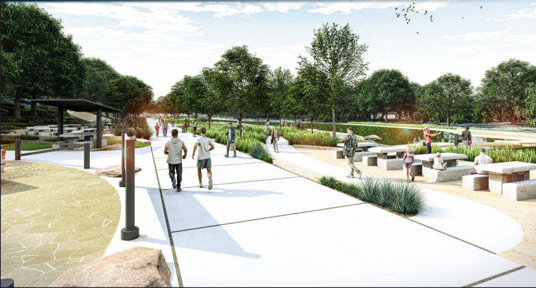 Landscaping, paved pathways and tables run alongside the San Gabriel Trail in the proposed Blue Hole Park Master Plan.