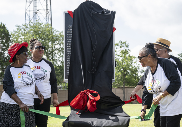 Georgetown Cultural Citizen Memorial Association members (left to right) Paulette Taylor, Alma Allen-Johnson, Joyce Gadison and Gertrude Saterfield assist with the unveiling of an historical marker at Citizens Memorial Garden Cemetery during a ceremony held  on Juneteenth, Thursday, June 19, 2025.