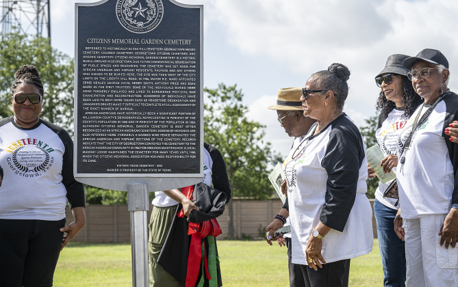 Georgetown Cultural Citizen Memorial Association members (left to right) Alma Allen-Johnson, Gertrude Saterfield, Joyce Gadison, Reverend Harriett Jones  and Francis Cunningham assist with the unveiling of an historical marker at Citizens Memorial Garden  Cemetery during a ceremony held  on Juneteenth, Thursday, June 19, 2025.