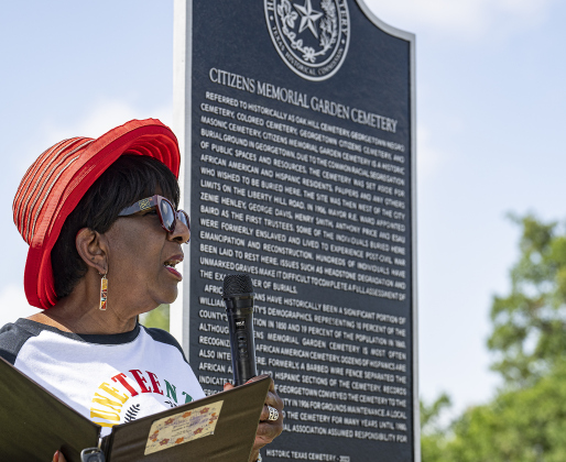 Georgetown Cultural Citizen Memorial Association member Paulette Taylor was Mistress of Ceremony for the unveiling of an historical marker (seen at right)  at Citizens Memorial Garden Cemetery during a ceremony held  on Juneteenth, Thursday, June 19, 2025. Located at 251 Memorial Drive, the cemetery opened in 1906, providing final resting places for African-American and Hispanic residents. 