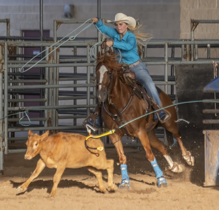 Cora Baylee Mayer, 16, competes in girls breakaway roping at the Bill Pickett Youth Rodeo, held at the Williamson County Expo Center  on Saturday, June 21, 2025.  Now in its second year, the rodeo showcases athletes 18 or younger. The event is coordinated by the Bill Pickett Youth Rodeo Association.     Photo by Andy Sharp.