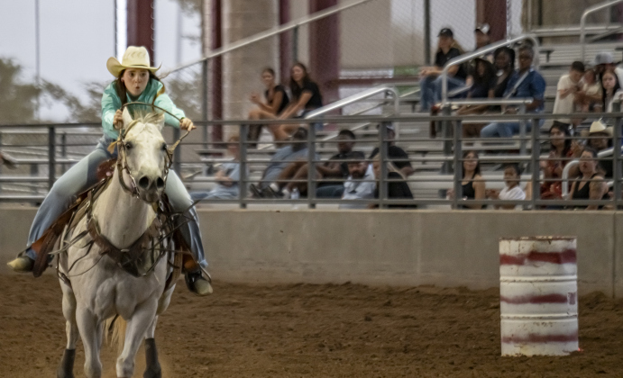 16-year-old Nicole Klehr competes in barrel racing at  the Bill Pickett Youth Rodeo, held at the Williamson County Expo Center  on Saturday, June 21, 2025.  Now in its second year, the rodeo showcases athletes 18 or younger. The event is coordinated by the Bill Pickett Youth Rodeo Association.     Photo by Andy Sharp.