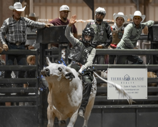 18-year-old Noble Ohland competes in bull riding at  the Bill Pickett Youth Rodeo, held at the Williamson County Expo Center  on Saturday, June 21, 2025.  Now in its second year, the rodeo showcases athletes 18 or younger. The event is coordinated by the Bill Pickett Youth Rodeo Association.     Photo by Andy Sharp.