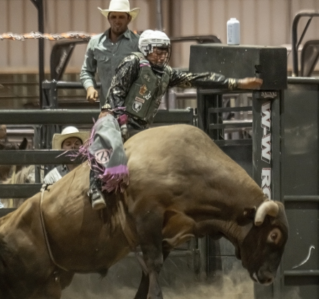 Bryden Gonzales, 18, competes in bull riding at  the Bill Pickett Youth Rodeo, held at the Williamson County Expo Center  on Saturday, June 21, 2025.  Now in its second year, the rodeo showcases athletes 18 or younger. The event is coordinated by the Bill Pickett Youth Rodeo Association.     Photo by Andy Sharp.
