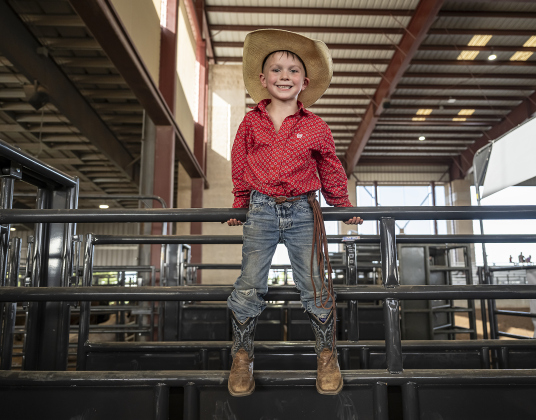 5-year-old Colt Fletcher of Leggett, Texas, was ready for action in both Mutton Bustin’ and calf riding at  the Bill Pickett Youth Rodeo, held at the Williamson County Expo Center  on Saturday, June 21, 2025.  Now in its second year, the rodeo showcases athletes 18 or younger. The event is coordinated by the Bill Pickett Youth Rodeo Association.     Photo by Andy Sharp.
