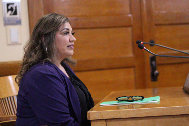 Bridgette Escobedo, the Williamson County Elections Administrator, answers questions about the new Ballot on Demand System during the June 24 Commissioners Court meeting. Photo by Nalani Nuylan.