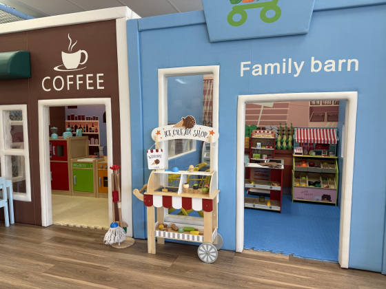 Play coffee shop and grocery store at Family Barn in Georgetown.