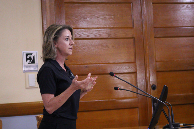 Liberty Hill Mayor Crystal Mancilla asks Williamson County Commissioners to help with landfill vouchers during the Special Commissioners Court meeting, July 11. Photo by Nalani Nuylan.