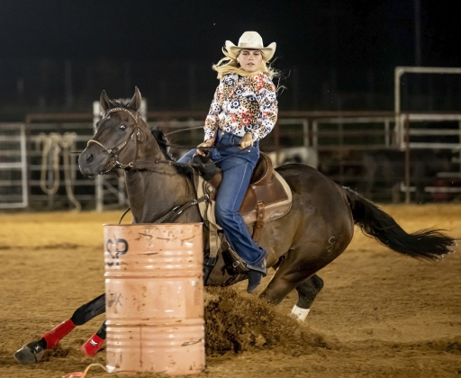 Cora Mayer of Hutto competes in Barrel Racing.