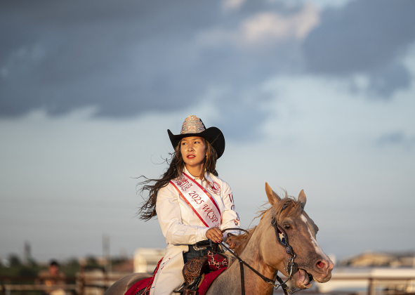 Kenzie McCalec, the 2025 Sheriff’s Posse Rodeo Sweetheart, sits astride her horse called Hazael.