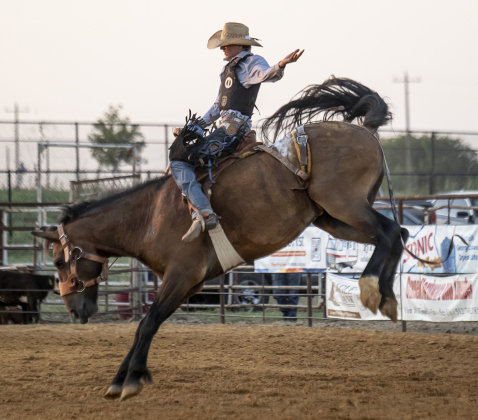 Cash Sellman of San Angelo competes in Saddle Bronc riding.