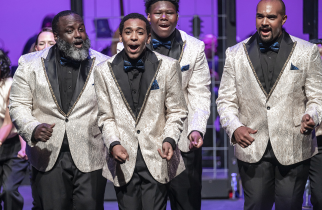 Members of The Drifters, including (left to right) Robert Joseph, Daniel Sonier, Omareion Canty and Evan Jackson,  are pictured in a scene from “Beautiful: The Carole King Musical” on Thursday, July 24, 2025.  The production runs through August 31st on the Georgetown Palace Springer Stage.   Photo by Andy Sharp.