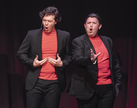 Kyle Bussone-Peterson, left, and Michael Ruffin, right, are The Righteous Brothers in a scene from “Beautiful: The Carole King Musical” on Thursday, July 24, 2025.  The production runs through August 31st on the Georgetown Palace Springer Stage.   Photo by Andy Sharp.