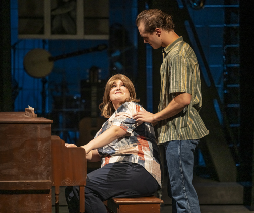 Sage Hickman, playing Carole King, and Jake Jordan, as Gerry Goffin, are pictured in scene from “Beautiful: The Carole King Musical” on Thursday, July 24, 2025.  The production runs through August 31st on the Georgetown Palace Springer Stage.   Photo by Andy Sharp.