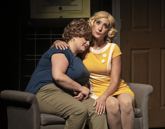 Sage Hickman, left, playing Carole King, and Cara Bernstein, as Cynthia Weil,  are pictured in a scene from “Beautiful: The Carole King Musical” on Thursday, July 24, 2025.  The production runs through August 31st on the Georgetown Palace Springer Stage.   Photo by Andy Sharp.