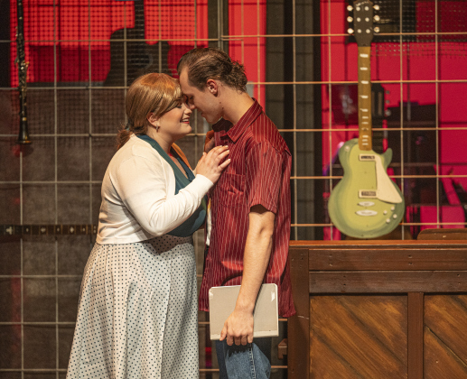 Sage Hickman, playing Carole King, and Jake Jordan, as Gerry Goffin, are pictured in scene from “Beautiful: The Carole King Musical” on Thursday, July 24, 2025.  The production runs through August 31st on the Georgetown Palace Springer Stage.   Photo by Andy Sharp.