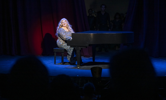 Sage Hickman, playing Carole King, is pictured in a scene from “Beautiful: The Carole King Musical” on Thursday, July 24, 2025.  The production runs through August 31st on the Georgetown Palace Springer Stage.   Photo by Andy Sharp.
