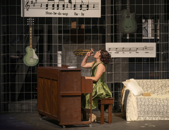 Meredith Brand, playing Genie Klein (Carole King’s mother) is  pictured in  a scene from “Beautiful: The Carole King Musical” on Thursday, July 24, 2025.  The production runs through August 31st on the Georgetown Palace Springer Stage.   Photo by Andy Sharp.