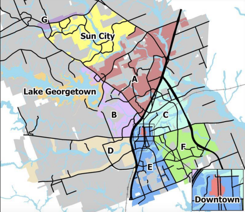 This map of the city labels the different service areas and their boundaries, which determines Transportation Impact Fee amounts. (Courtesy City of Georgetown)