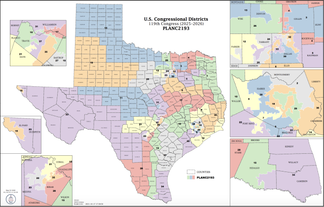 This map shows the current federal district lines, which were used for the 119th Congressional Session. (Texas Redistricting)