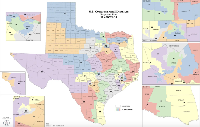 This Congressional redistricting map was proposed by Texas House Republicans on July 30. (Courtesy Texas Tribune)
