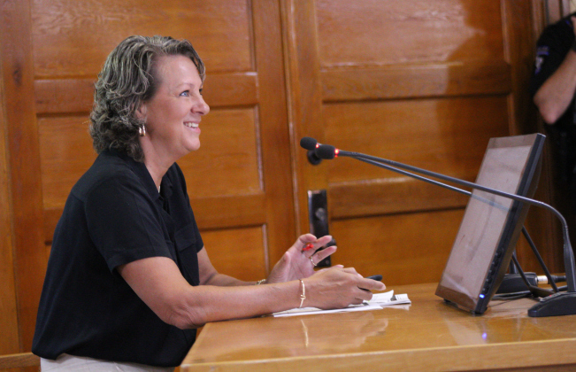 County Budget Officer Ashlie Holladay presents the proposed Fiscal Year 2026 Budget to the Williamson County Commissioners Court, August 5. Photo by Nalani Nuylan.