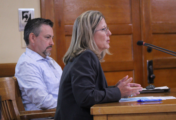 County Auditor Julie Kiley, front, and County Tax Assessor-Collector Larry Gaddes, back, explain how the poteintail tax revenues will effect next year's proposed budgets. Photo by Nalani Nuylan.