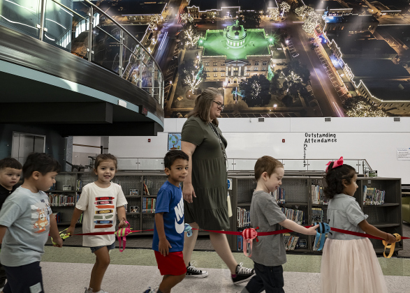 Pre-K students make their way to the cafeteria for breakfast on the first day of school at Annie Purl Elementary School on Thursday, August 14, 2025.  Annie Purl has 650 students enrolled this academic year.    Photo by Andy Sharp.