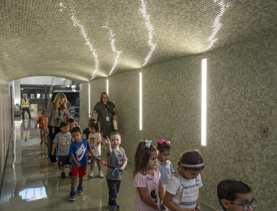 Pre-K students make their way to the cafeteria for breakfast on the first day of school at Annie Purl Elementary School on Thursday, August 14, 2025.  Annie Purl has 650 students enrolled this academic year.    Photo by Andy Sharp.