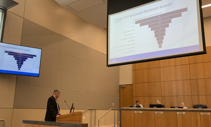 City Manager David Morgan, left, presents the proposed budget for the 2026 fiscal year to Georgetown City Council members. (Photo by Kaitlyn Wilkes)