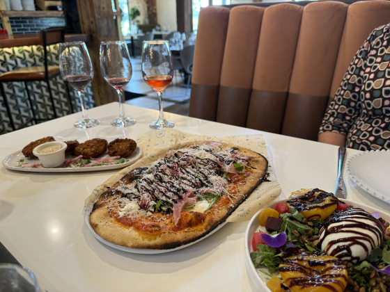 From left to right: Fried Green tomatoes, Prosciutto Pizza and Roasted Peach &amp; Beet Burrata.