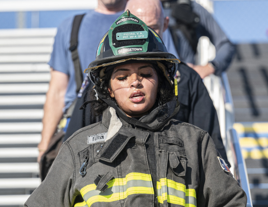 Georgetown Fire Department firefighter Victoria Piedra takes part in the Memorial Stair Climb at Birkelbach Field  on Thursday, September 11, 2025.