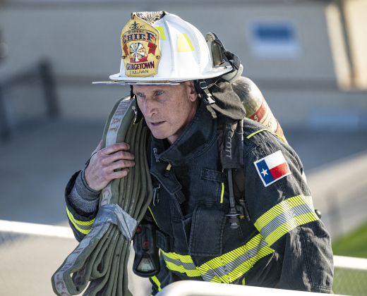 Georgetown Fire Chief John Sullivan participates in the Memorial Stair Climb held at Birkelbach Field on Thursday, September 11, 2025, commemorating the 24th anniversary of the attacks on United States soil on September 11, 2001.