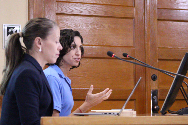 Misty Valenta, director of animal services for Wilco, back, is joined by Laura Donahue, senior director of Best Friends Animal Society, front, to report on the Williamson County Regional Animal Shelter’s success in 2024. Photo by Nalani Nuylan.