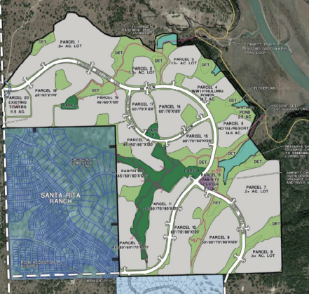 This map shows green spaces and 20 different parcels of land in the Lakeside Estates development, located north and east of Santa Rita Ranch in far west area of Georgetown’s extraterritorial jurisdiction. (Map courtesy City of Georgetown)