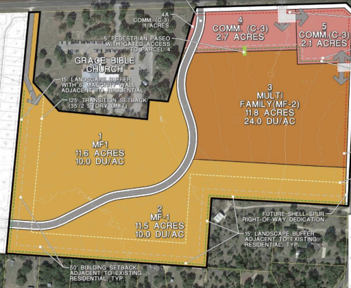 This map highlights where the high- and low-density multi-family housing would be in relation to the commercial development. Lot number four would house a gas station. (Map courtesy City of Georgetown)