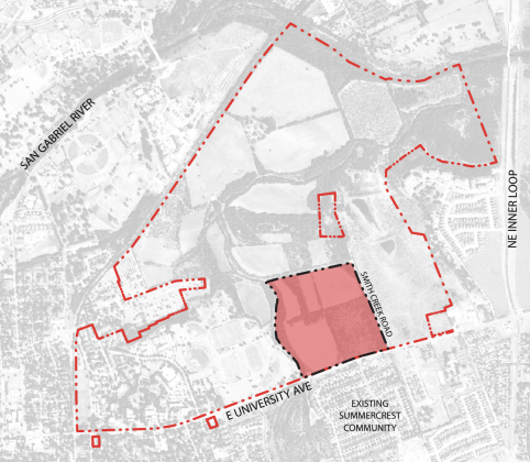 This map outlines the boundaries of the Southwestern University Public Utility District, with the development first phase of the SU 560 plan highlighted in red. 