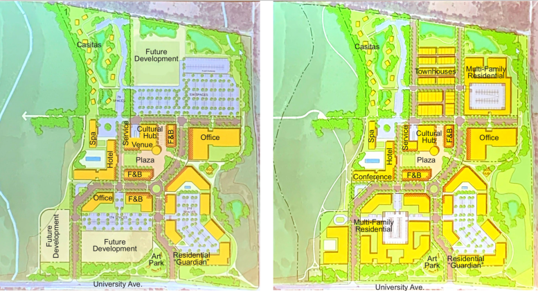 This map shown to the P&amp;Z Commission during their September 16 meeting shows phase 1A and 1B of the first stage of development. It includes retail, office, multi-family, hotels and conference space, a cultural venue and open space.